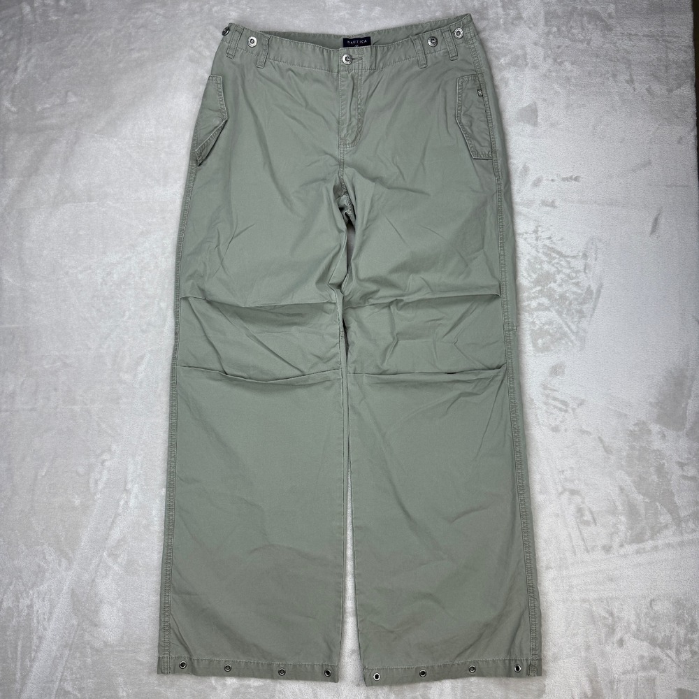 Vtg Nautica Jeans Khaki Cargo Pants Wide‎ Leg Green Utility Rivets Buttons Sz 12